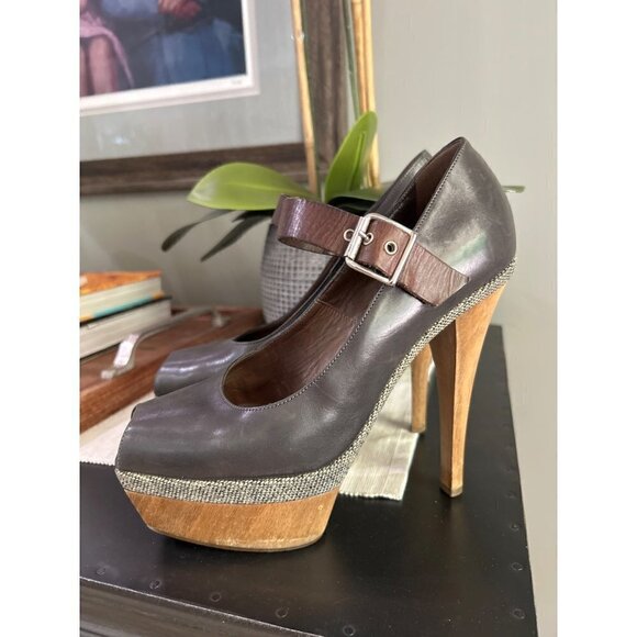 Marni Peep Toe Mary Jane Platform Pump Gray Brown Womens Size 7 - Picture 1 of 10